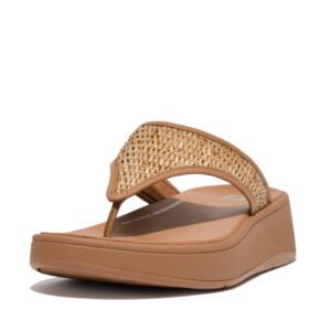 FitFlop F-Mode Woven Latte Tan and Ivory platform toe post Sandal